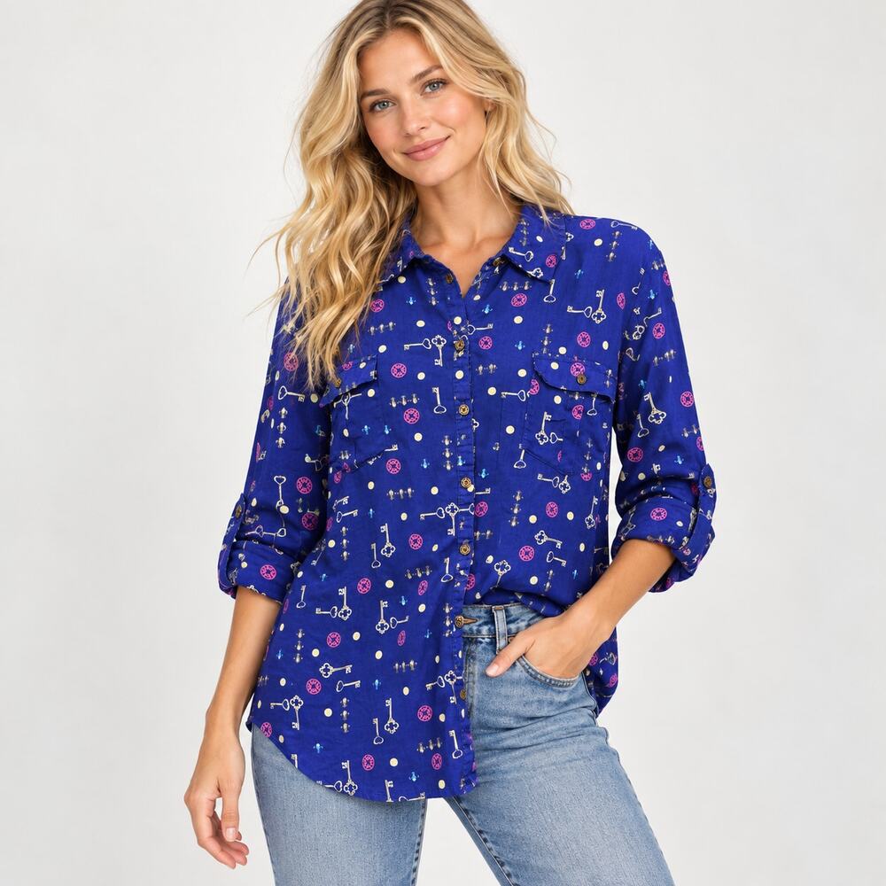 Jaclyn Smith Button-Up Shirt Women's Size 3X Blue Keys 100% Cotton Whimsigoth